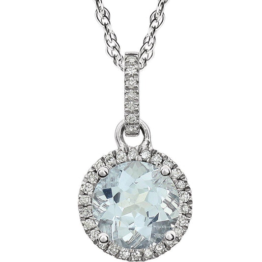 14k White Gold Natural Aquamarine & 1/10 CTW Natural Diamond 18" Necklace