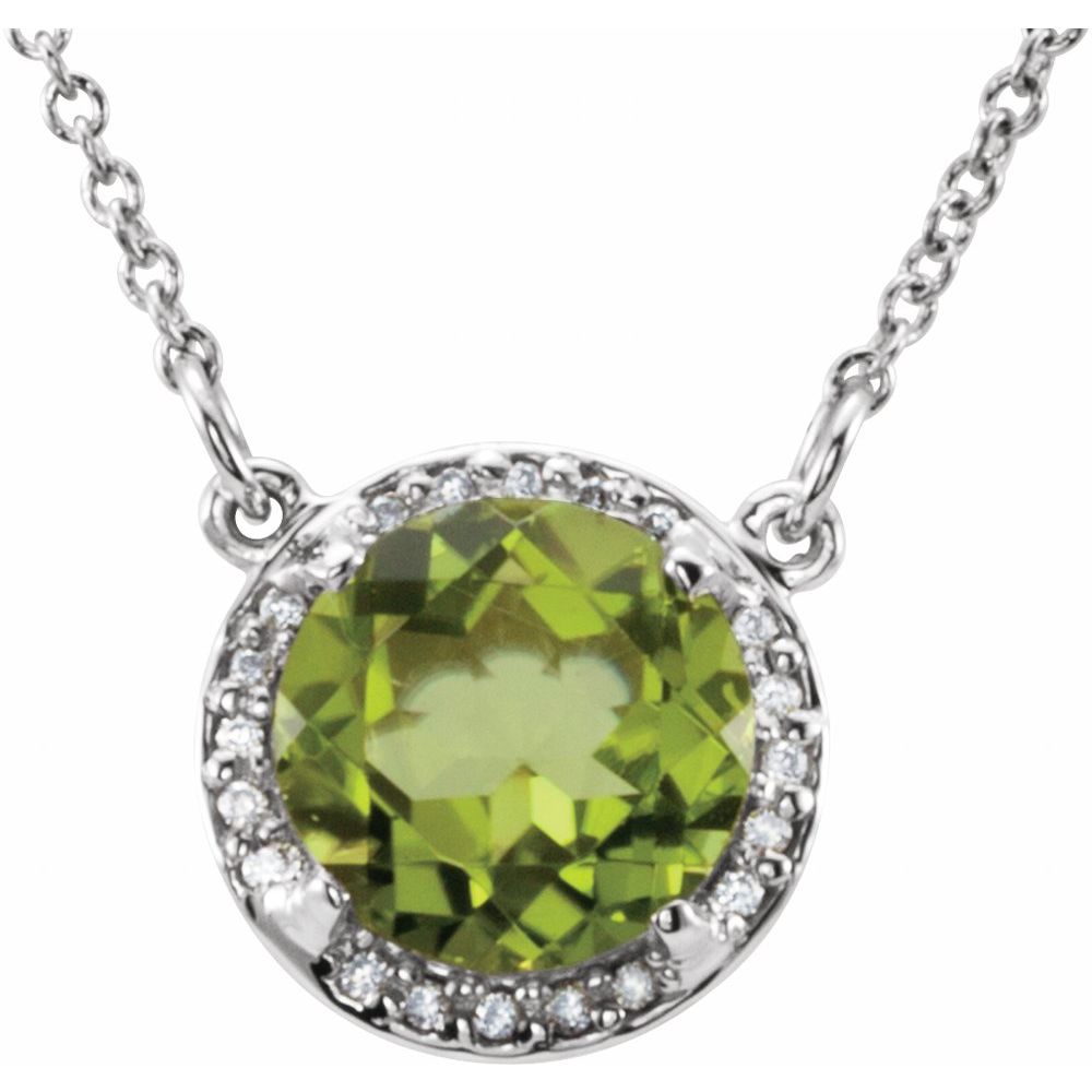 14k White Gold 8 mm Natural Peridot & .05 CTW Natural Diamond 16" Necklace