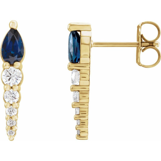 14k Yellow Gold Lab-Grown Blue Sapphire & 1/4 CTW Natural Diamond Earrings