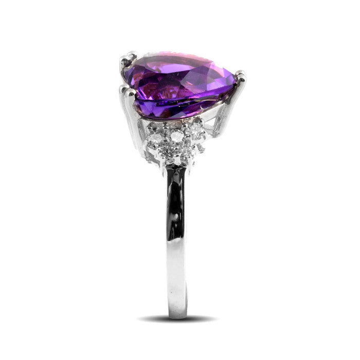 14K White Gold 3.79ct TGW Amethyst and Diamonds Heart-Cut One of a Kind Ring