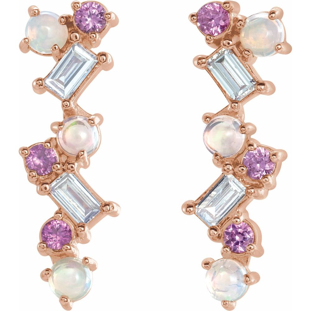 14k Rose Gold Natural Ethiopian Opal, Natural Pink Sapphire & 1/10 CTW Natural Diamond Scattered Bar Earrings