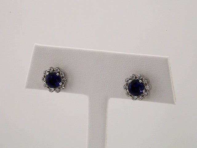 14k White Gold 3.2 mm Natural Blue Sapphire & 1/8 CTW Natural Diamond Earrings