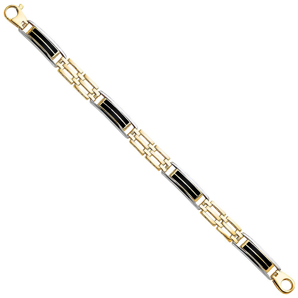 14K Two-tone Gold Black Onyx Rectangular Link 8.5" Men's Bracelet