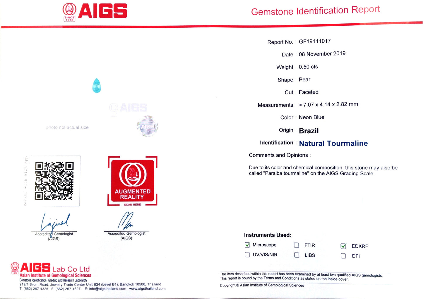 Natural Pear-shape 0.5 carat Neon Blue Paraiba Tourmaline - AIGS Certified