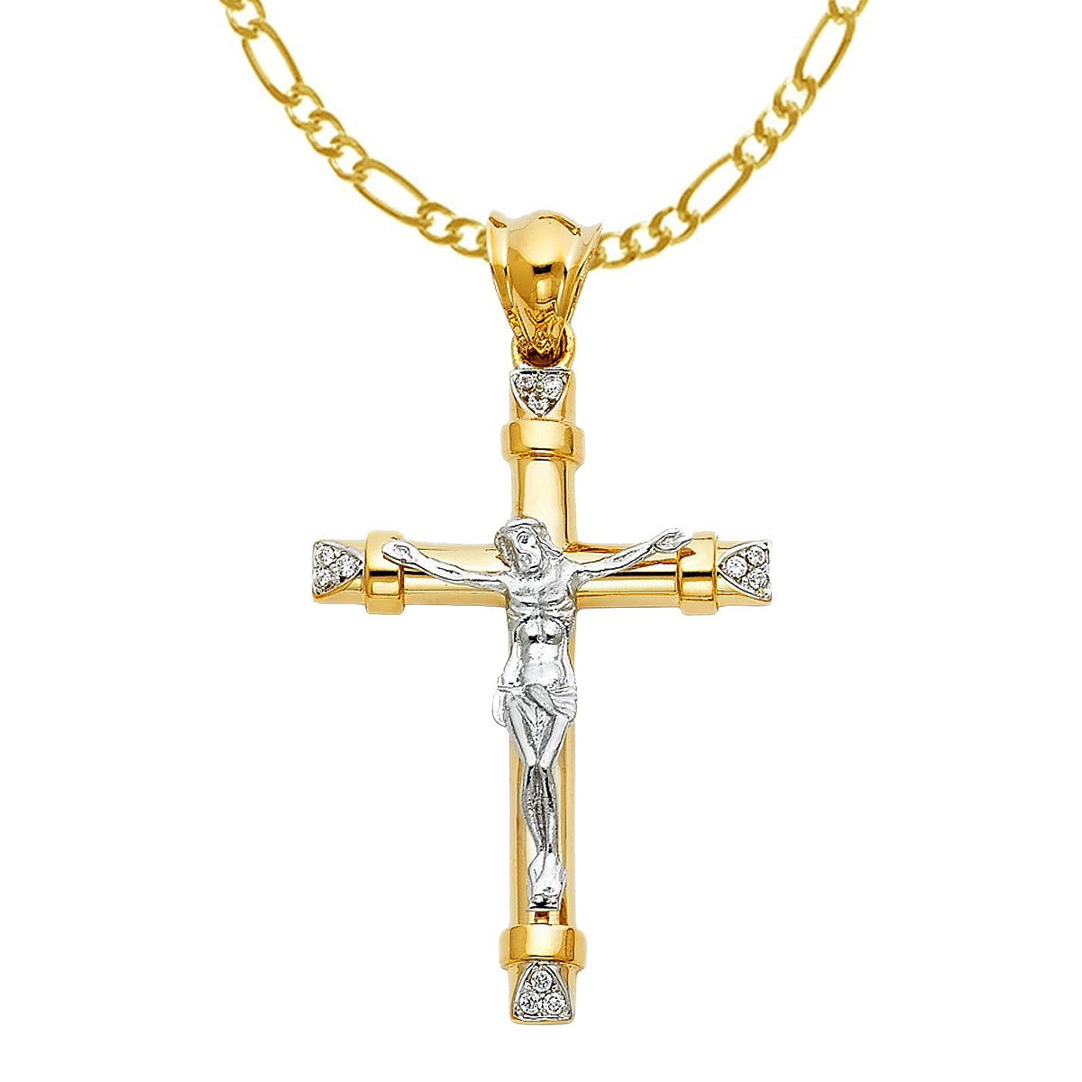 14k Two-tone Gold Cubic Zirconia Fancy Crucifix Pendant with 2.2mm Figaro Chain