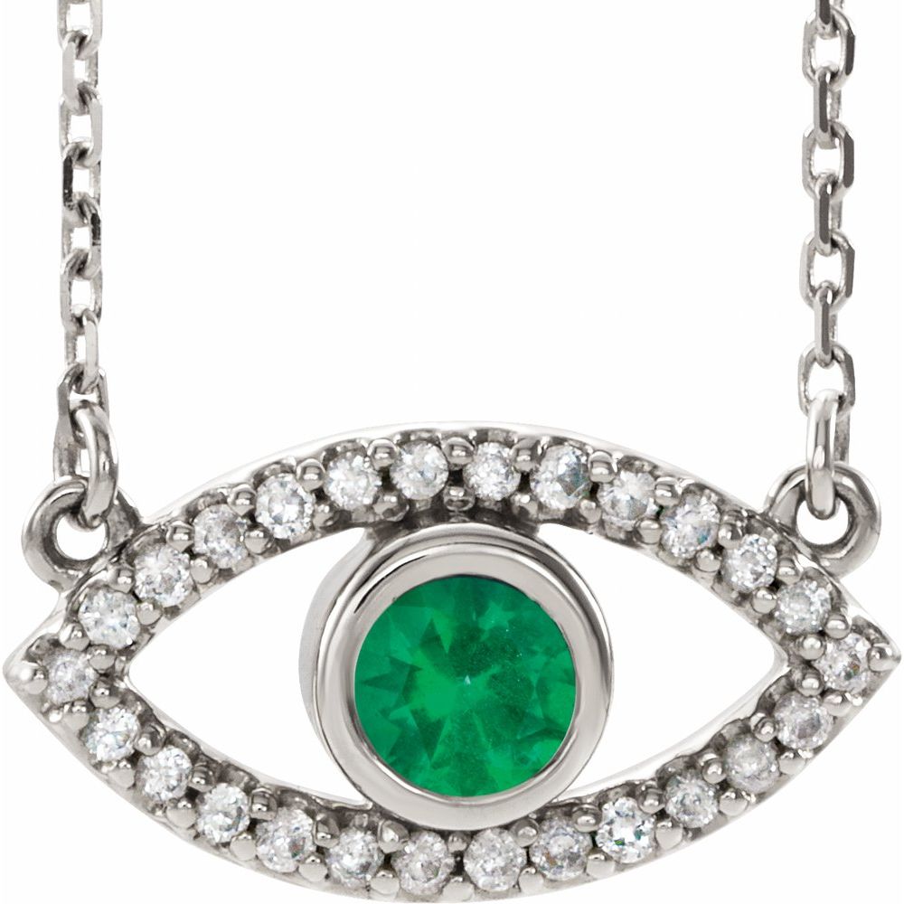 14k White Gold Natural Emerald & Natural White Sapphire Evil Eye 18" Necklace