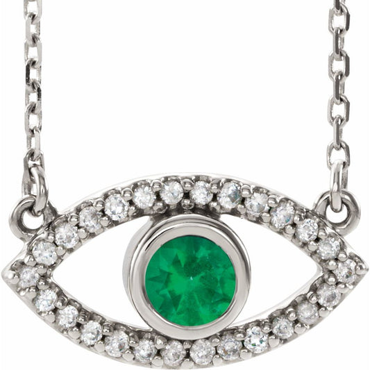 14k White Gold Natural Emerald & Natural White Sapphire Evil Eye 18" Necklace
