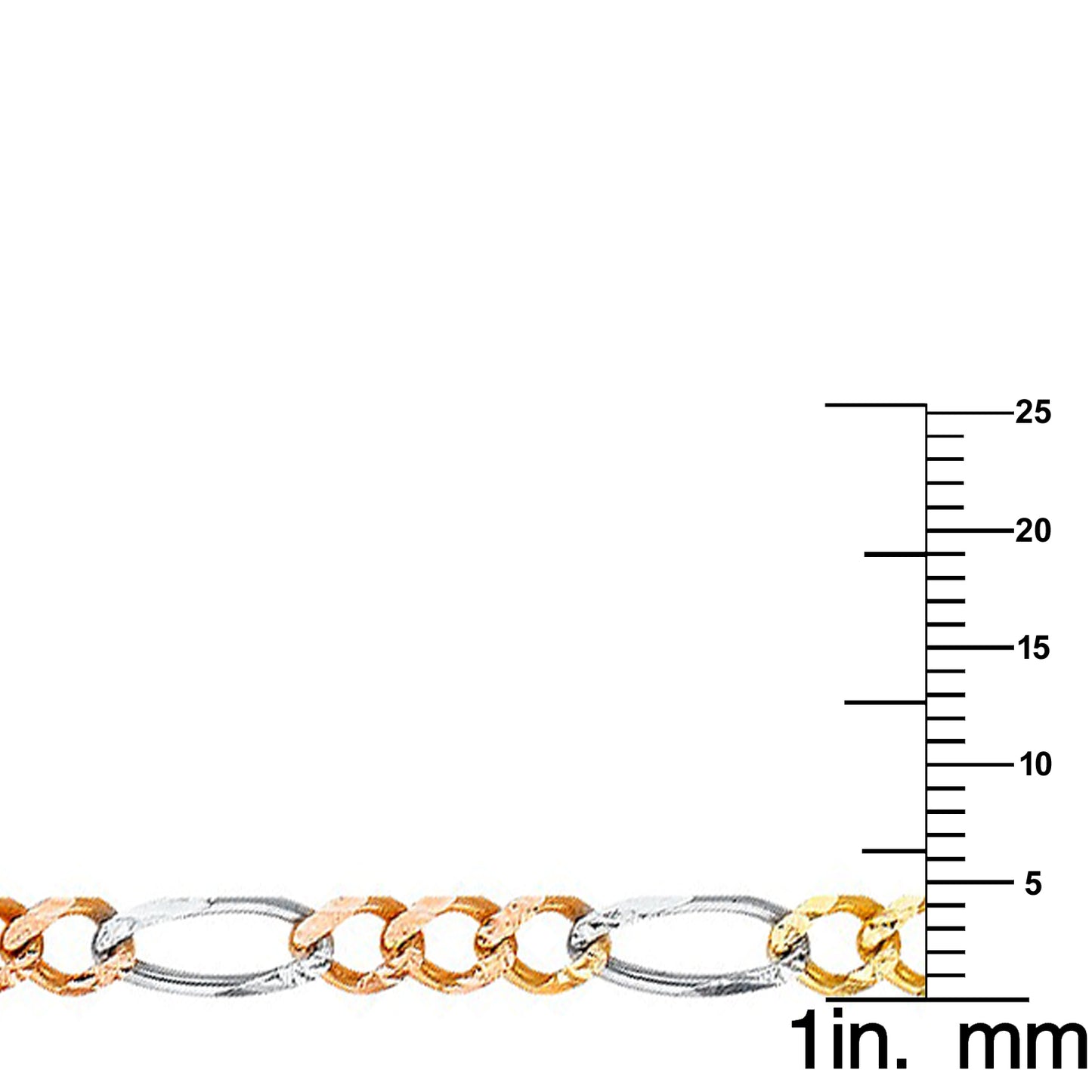 14k Tri-tone Gold 4.6mm Regular Concave 3+1 Figaro Unisex Chain Bracelet (7.5")