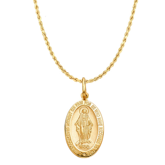 14k Yellow Gold Miraculous Medal Pendant with 3mm Hollow Rope Chain