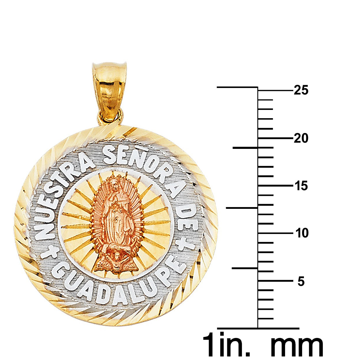 14k Tri-tone Gold Nuestra Senora De Guadalupe Medallion Pendant with 0.80mm Box Chain