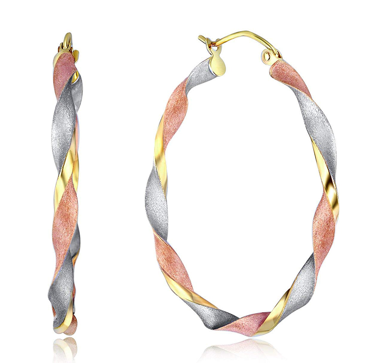 14k Tri-tone Gold Large Twisted Hoop Earrings (35-mm)
