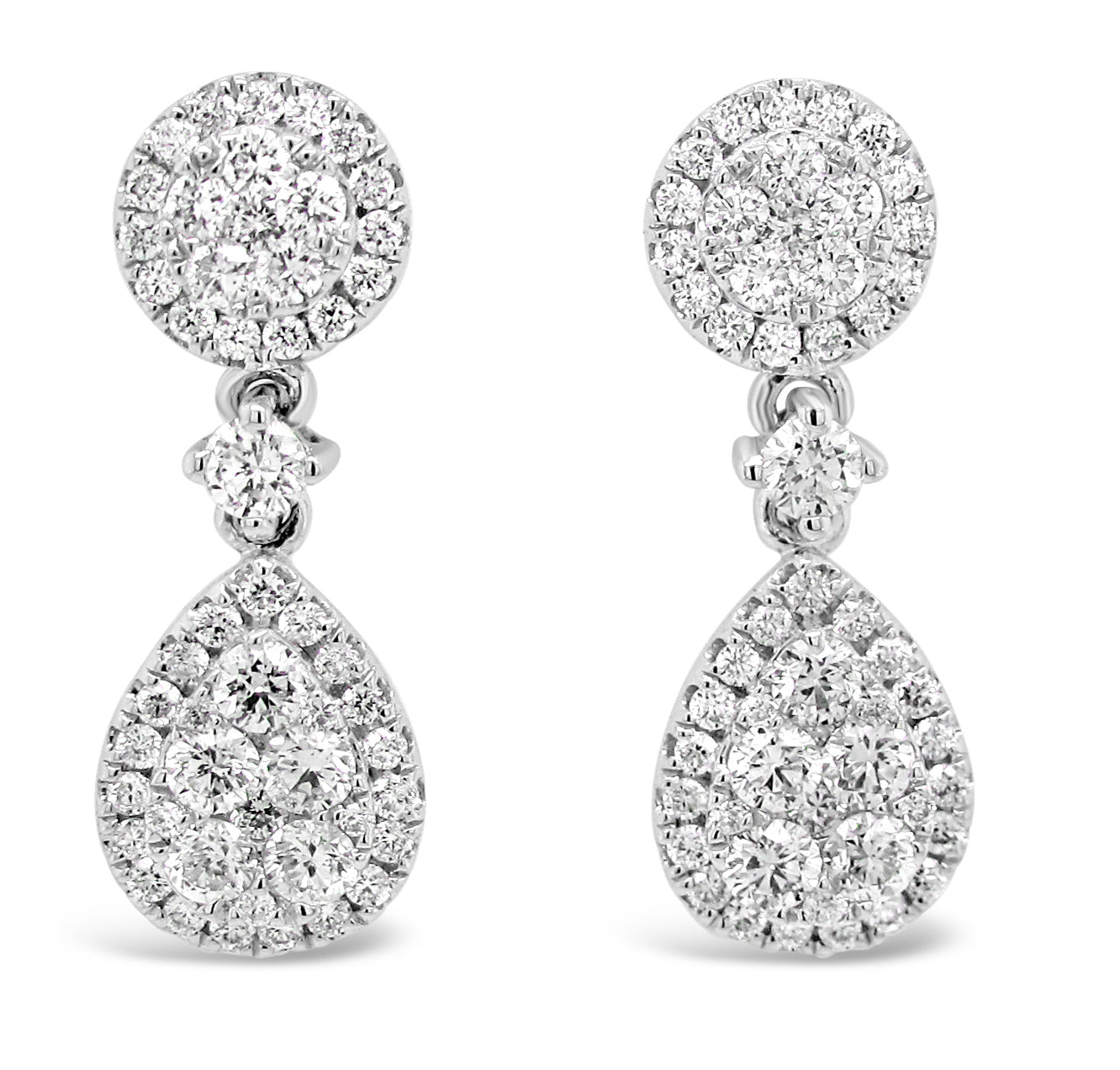 18k White Gold 3/4ct TDW White Diamond Round and Pear Diamond Dangling Earrings