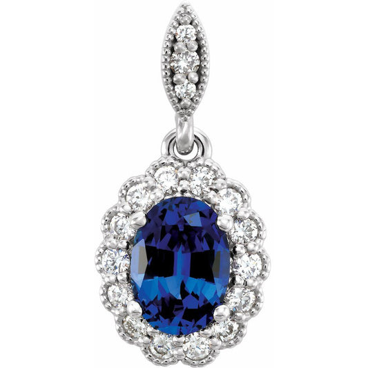 14k White Gold Lab-Grown Blue Sapphire & 1/5 CTW Natural Diamond Pendant