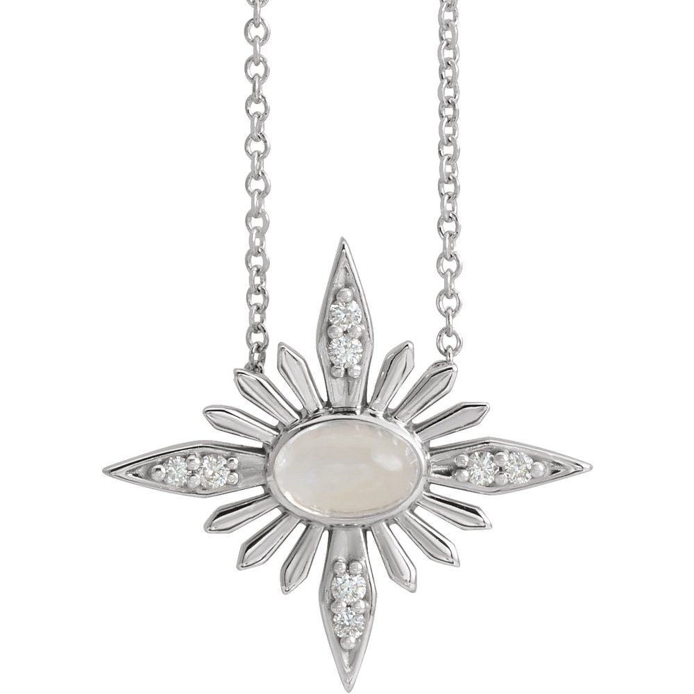 14k White Gold Natural Rainbow Moonstone & .08 CTW Natural Diamond Celestial 16-18" Necklace