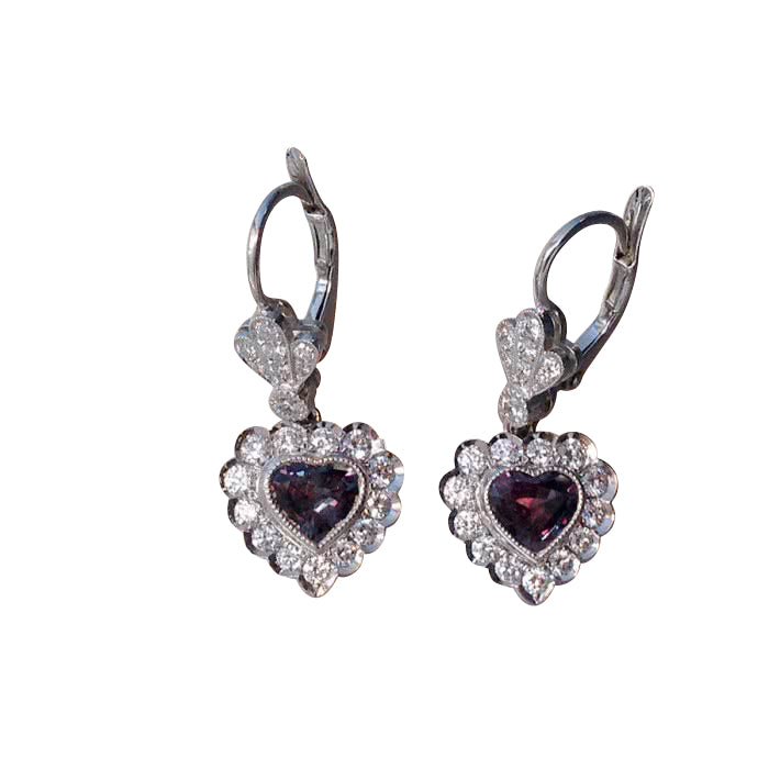 Platinum 1.71ct TGW Alexandrite and White Diamond Dangling Heart Earrings