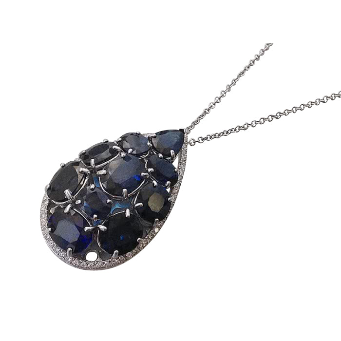 14 and 18K White Gold 17.52ct TGW Blue Sapphire and White Diamond Pendant Necklace