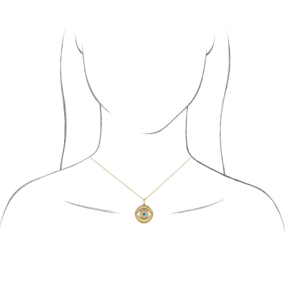 14K Yellow Gold Natural Turquoise & 1/6 CTW Natural Diamond Evil Eye 16-18" Necklace