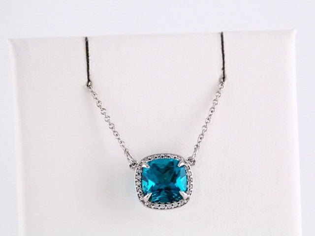 14k White Gold Natural Swiss Blue Topaz & .06 CTW Natural Diamond 16" Necklace