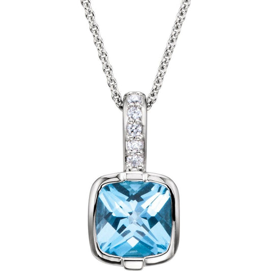 14k White Gold Natural Swiss Blue Topaz & .05 CTW Natural Diamond 18" Necklace