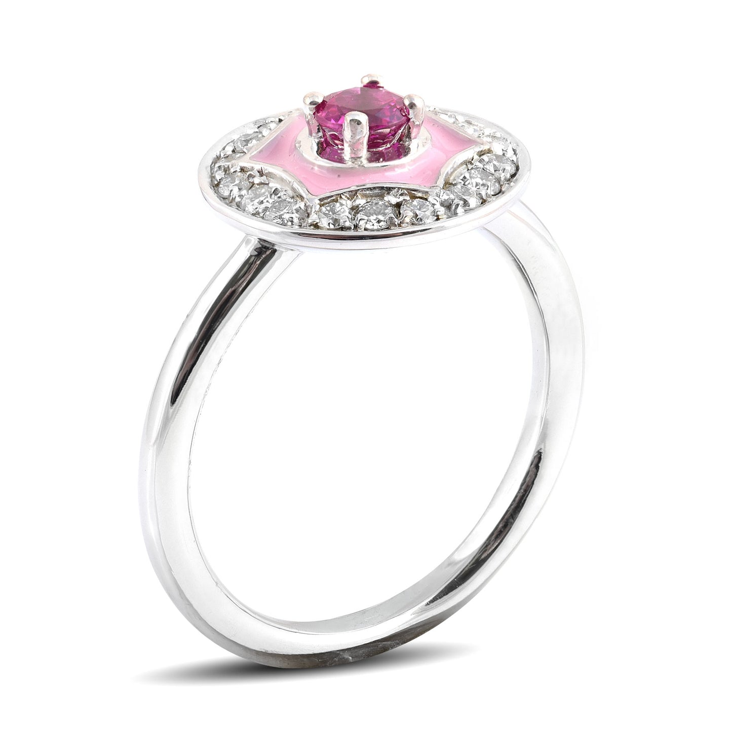 14K White Gold 0.53ct TGW Red Ruby and Diamond Enamel Halo Ring