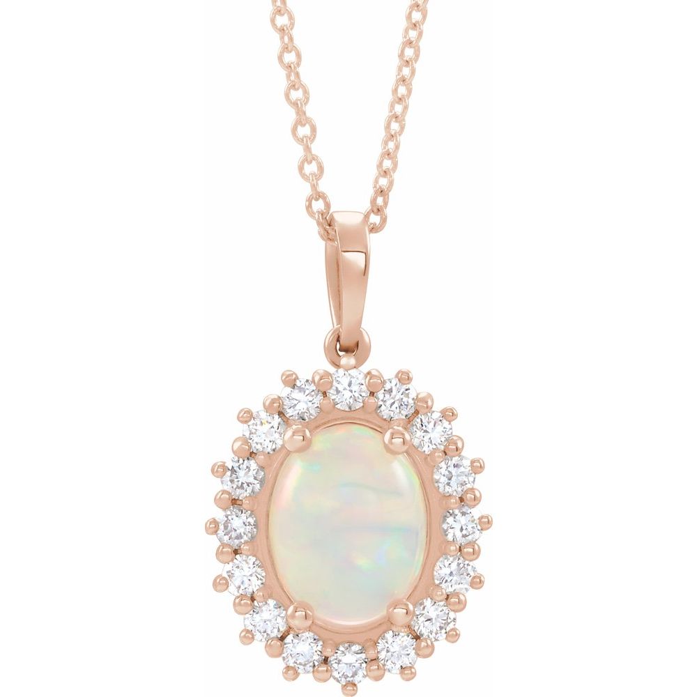 14k Rose Gold Natural White Opal & 1/3 CTW Natural Diamond Halo-Style 16-18" Necklace
