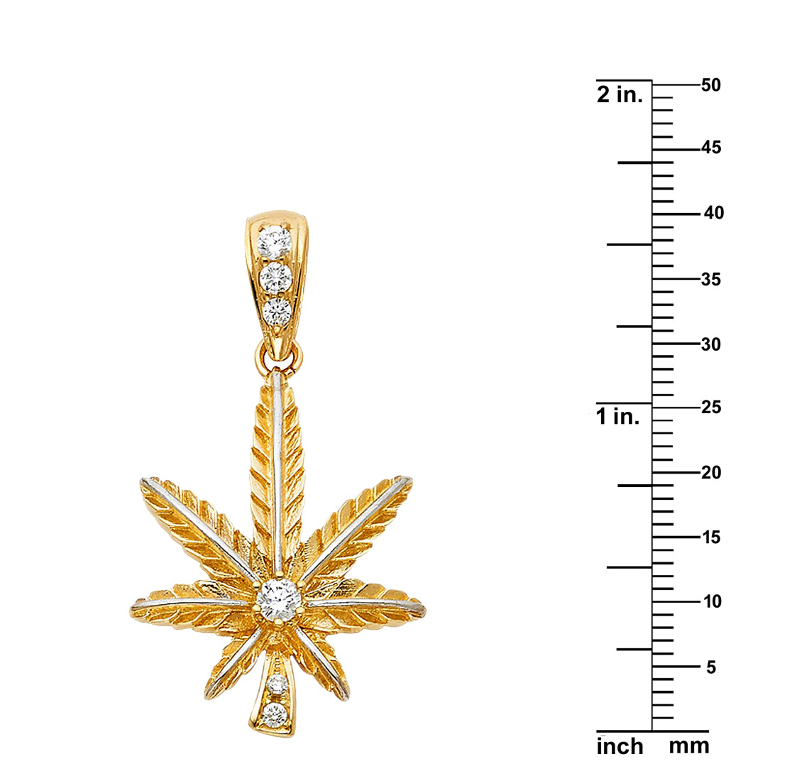 14k Yellow Gold Cubic Zirconia Marijuana Leaf Pendant with Wheat Chain