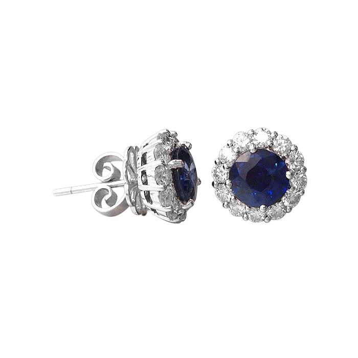 18K White Gold 3.7ct TGW Blue Sapphire and White Diamond Halo Stud Earrings