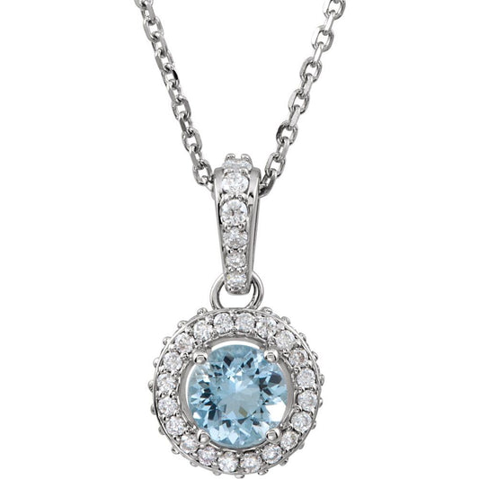 14k White Gold Natural Aquamarine & 1/5 CTW Natural Diamond 18" Necklace