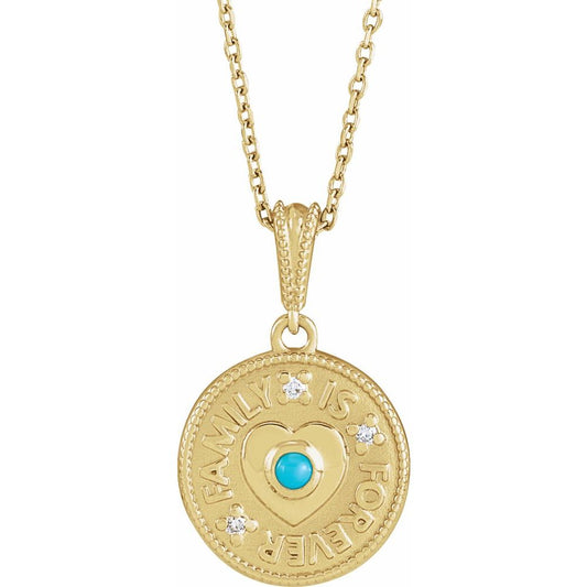 14K Yellow Gold Cabochon Natural Turquoise & .02 CTW Natural Diamond Family is Forever 16-18" Necklace
