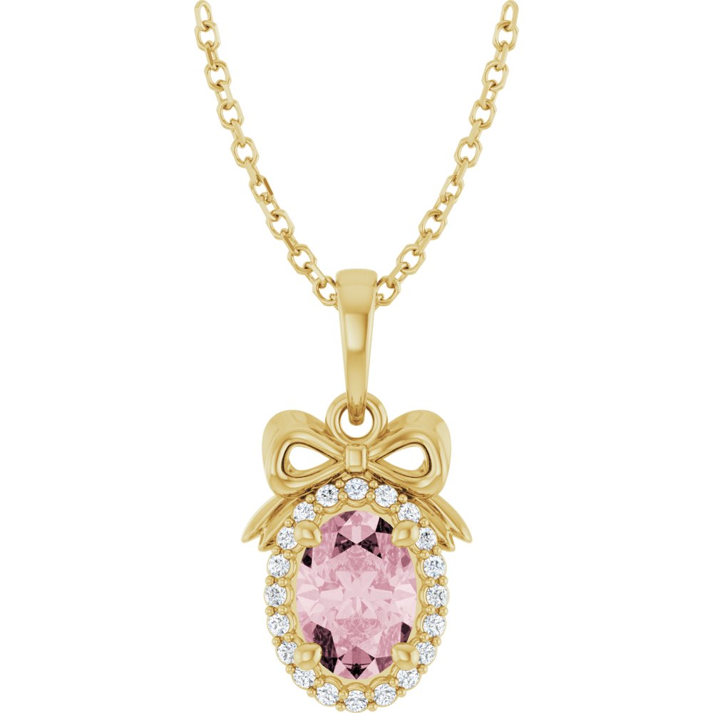 14K Yellow Gold Natural Pink Morganite & .08 CTW Natural Diamond Bow 16-18" Necklace