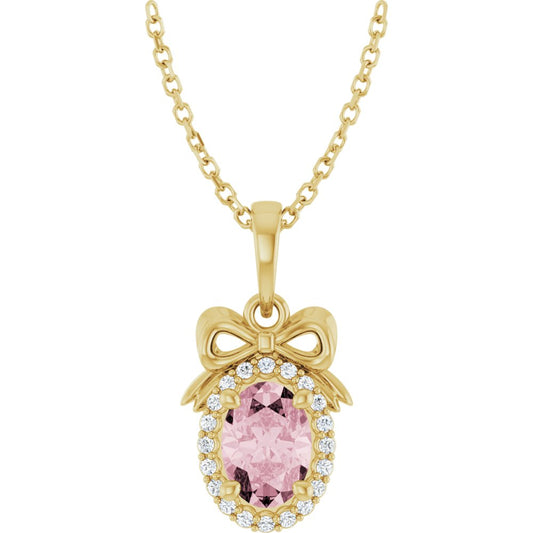 14K Yellow Gold Natural Pink Morganite & .08 CTW Natural Diamond Bow 16-18" Necklace