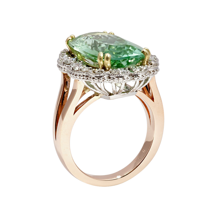 14k Tri-Tone Gold 9.89ct TGW Green Namibian Tourmaline and White Diamond Ring