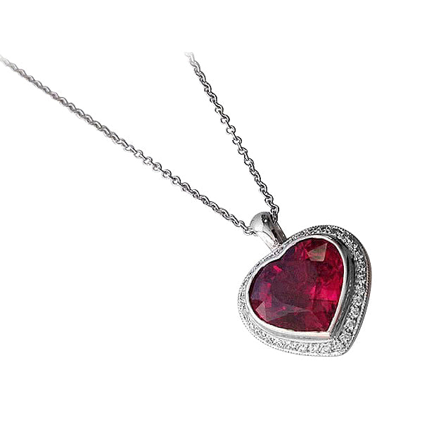 18K White Gold 2.92ct TGW Rubellite and White Diamond Heart Pendant Necklace