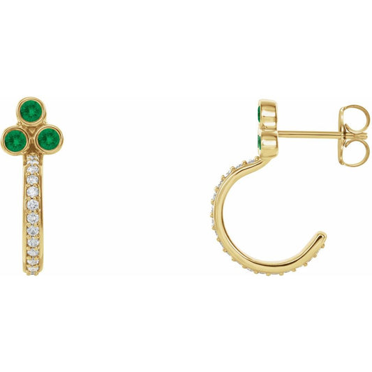 14k Yellow Gold Natural Emerald & 1/4 CTW Natural Diamond J-Hoop Earrings