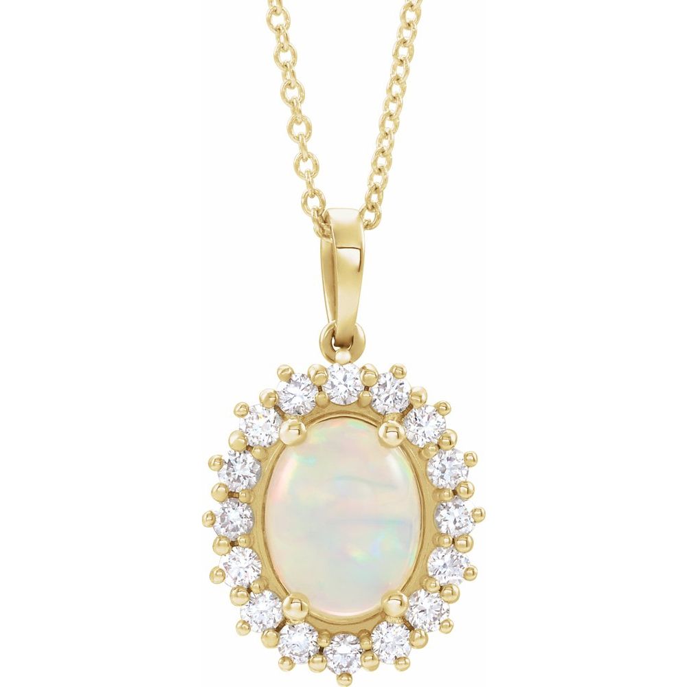 14k Yellow Gold Natural White Opal & 1/2 CTW Natural Diamond Halo-Style 16-18" Necklace