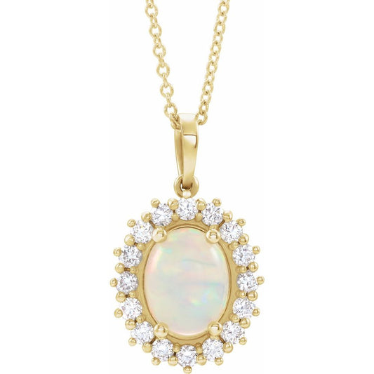 14k Yellow Gold Natural White Opal & 1/2 CTW Natural Diamond Halo-Style 16-18" Necklace