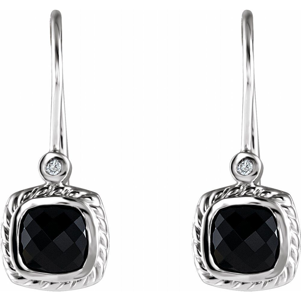 14k White Gold Natural Black Onyx & .03 CT Natural Diamond Earrings