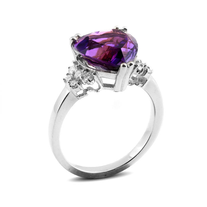 14K White Gold 3.79ct TGW Amethyst and Diamonds Heart-Cut One of a Kind Ring