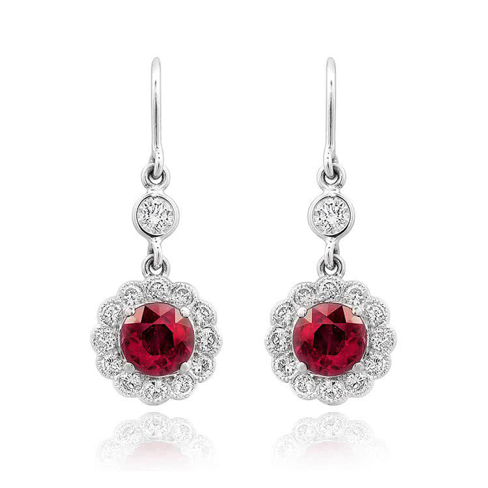 18K White Gold 2.87ct TGW Ruby and White Diamond Dangling Earrings