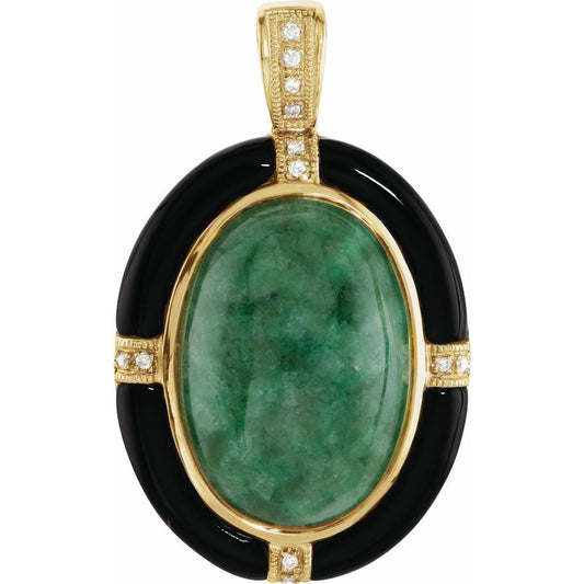 14k Yellow Gold Natural Russian Jadeite, Onyx & .05 CTW Diamond Pendant