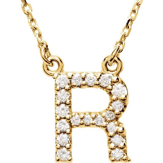 Unisex 14K Yellow Gold 1/8 CTW White Diamond Natural Diamond Initial R Pendant Necklace