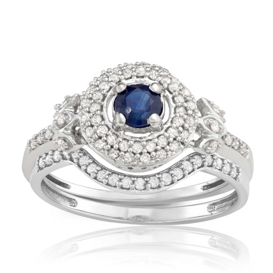 10K White Gold 0.61ct TW Sapphire and Diamond Bridal Set