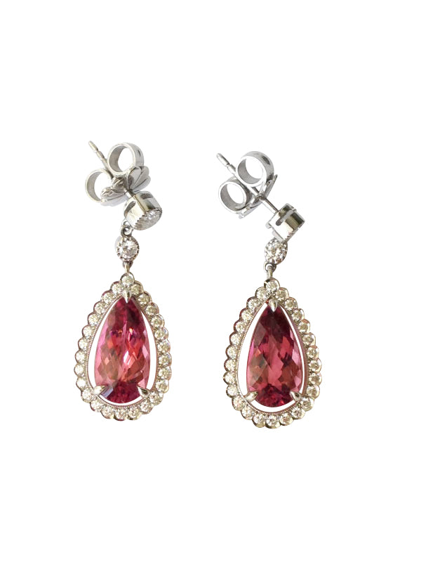 18K White Gold and Platinum 7.68ct TGW Pink Tourmaline and White Diamond Dangling Earrings