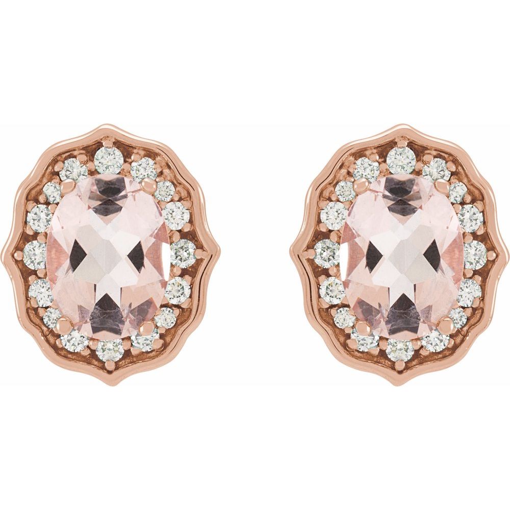 14k Rose Gold Natural Peach Morganite & 1/3 CTW Diamond Earrings
