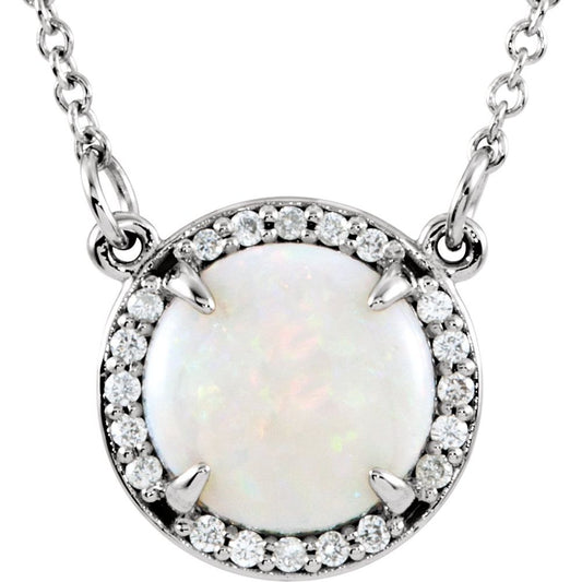 14k White Gold Natural White Opal & .05 CTW Natural Diamond 16" Necklace