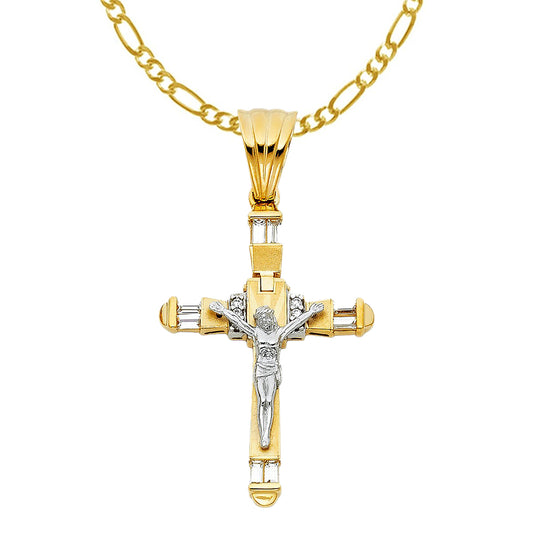 14k Two-tone Gold Cubic Zirconia Fancy Crucifix Pendant with 2.2mm Figaro Chain