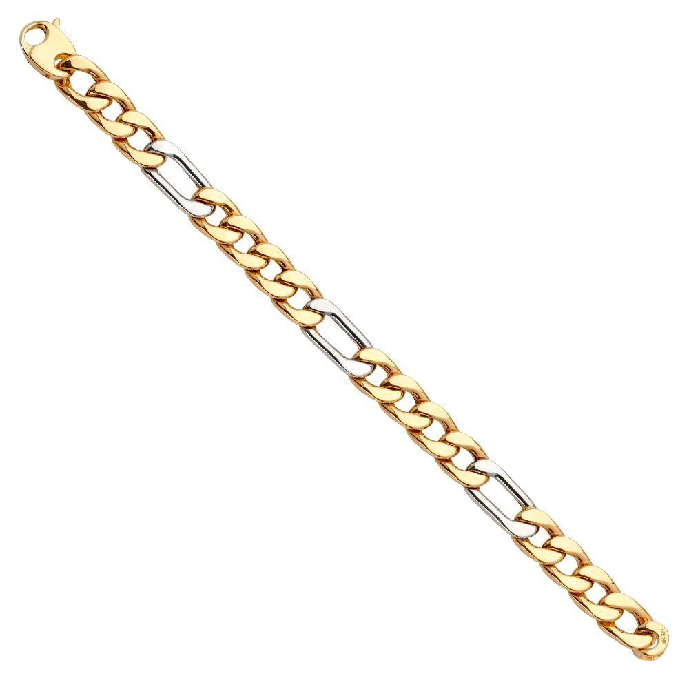 14K Two-Tone Gold Fancy Hollow Elongated Figaro 7.75" Ladies Bracelet