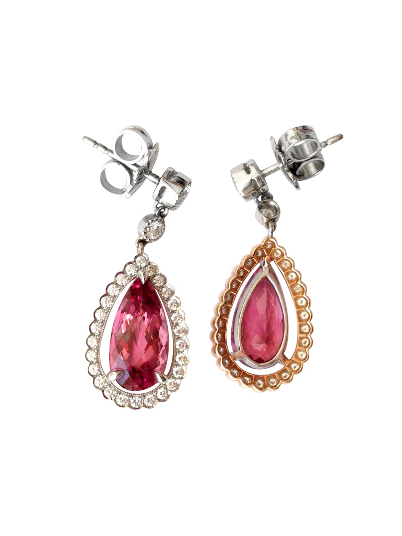 18K White Gold and Platinum 7.68ct TGW Pink Tourmaline and White Diamond Dangling Earrings