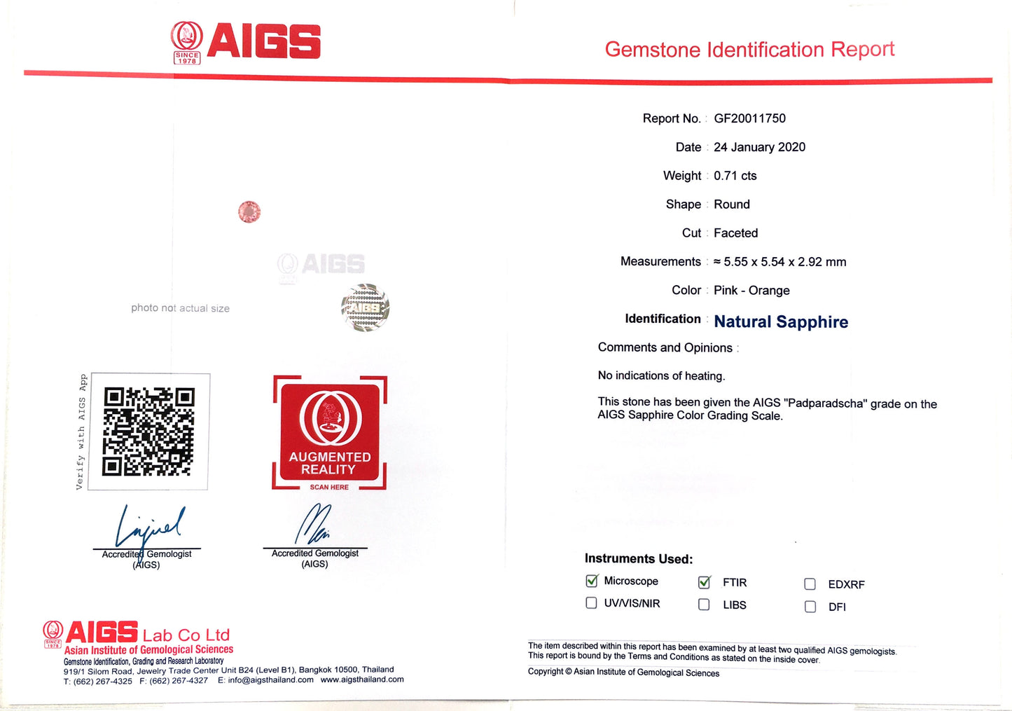 Natural Round-shape 0.71 carat Pink-Orange Padparadsha Sapphire - AIGS Certified