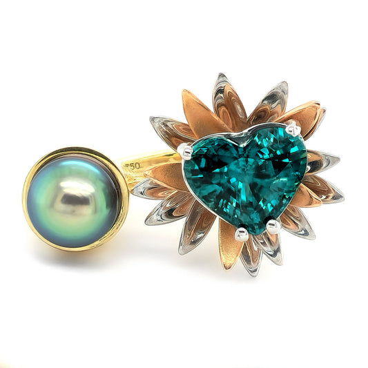 18K 3-Tone Gold 13.5ct TGW Blue Zircon and Tahitian Pearl One-of-a-Kind Ring